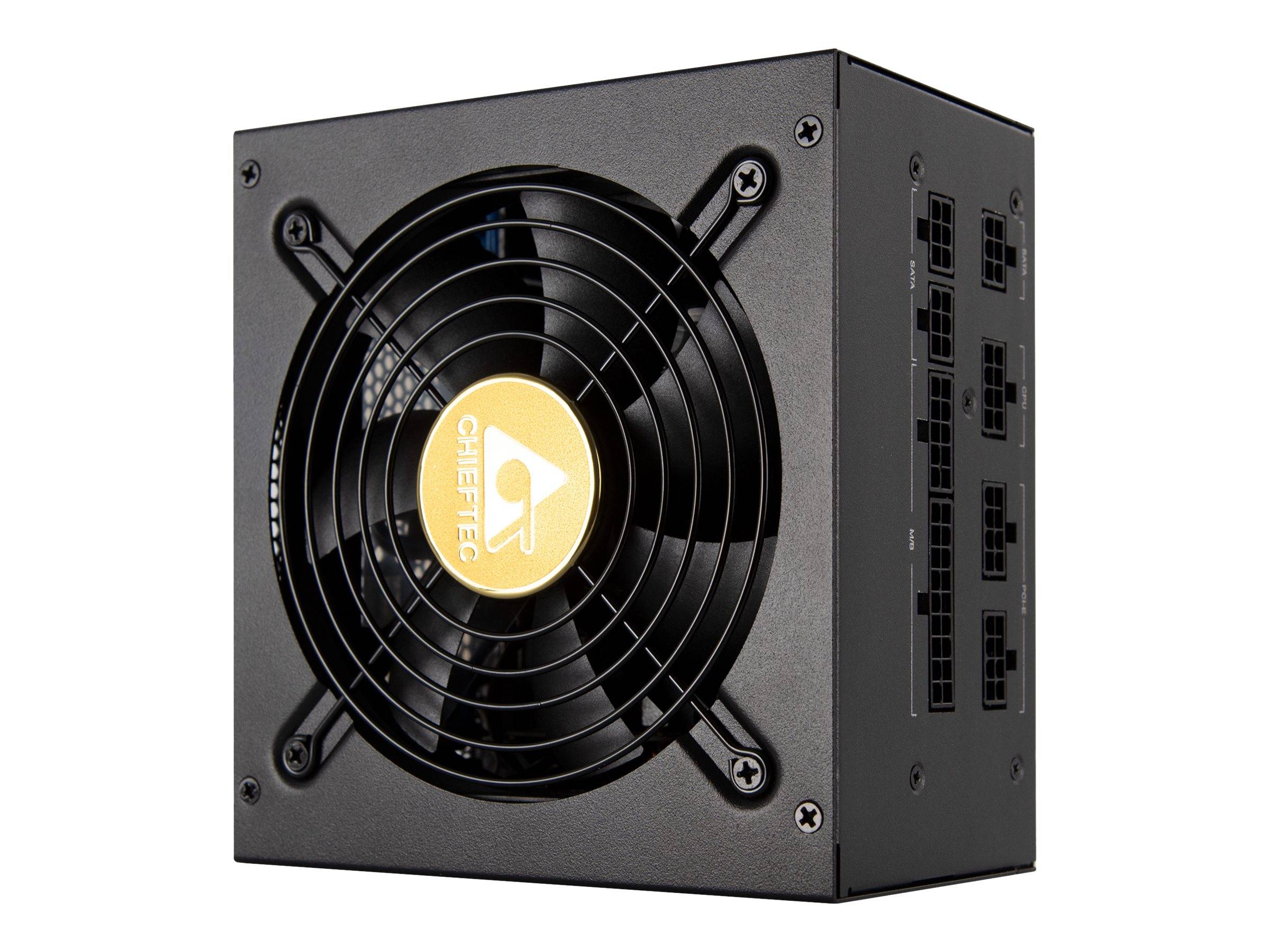 Schwarzes Computernetzteil mit großem Kühlventilator an der Vorderseite und modularen Kabelanschlüssen an der Seite.