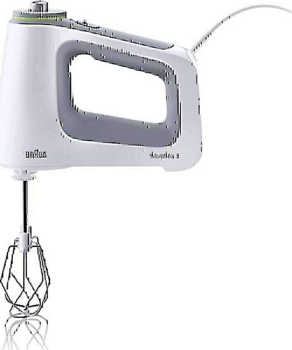 Handmixer mit grauem Griff und einem einzelnen Schneebesen-Aufsatz, der Marke 'Braun MultiMix 5'.