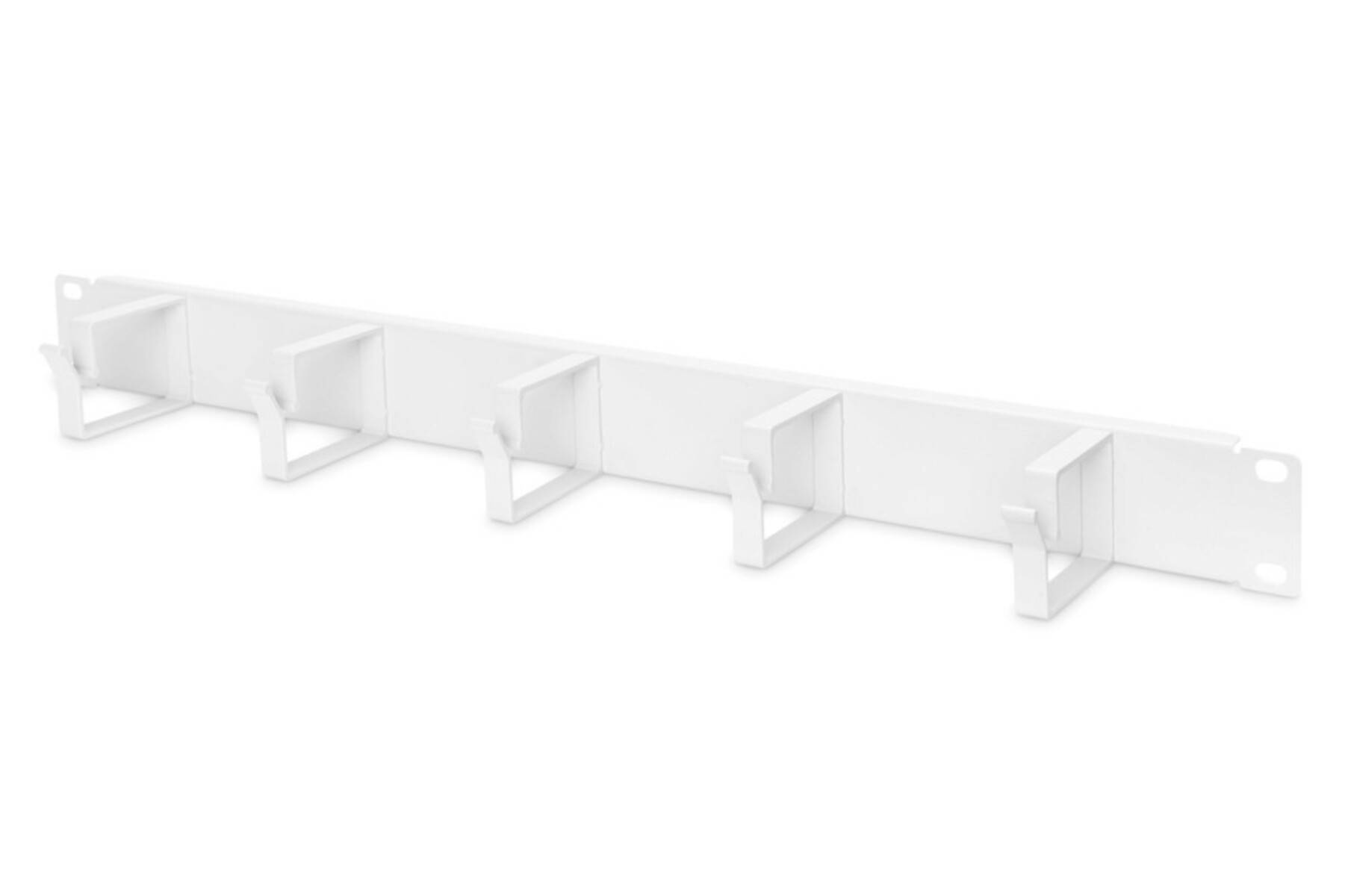 Weißes Rack-Montagekabel-Management-Panel mit vier offenen Slots und Endmontageösen auf einfachem Hintergrund.