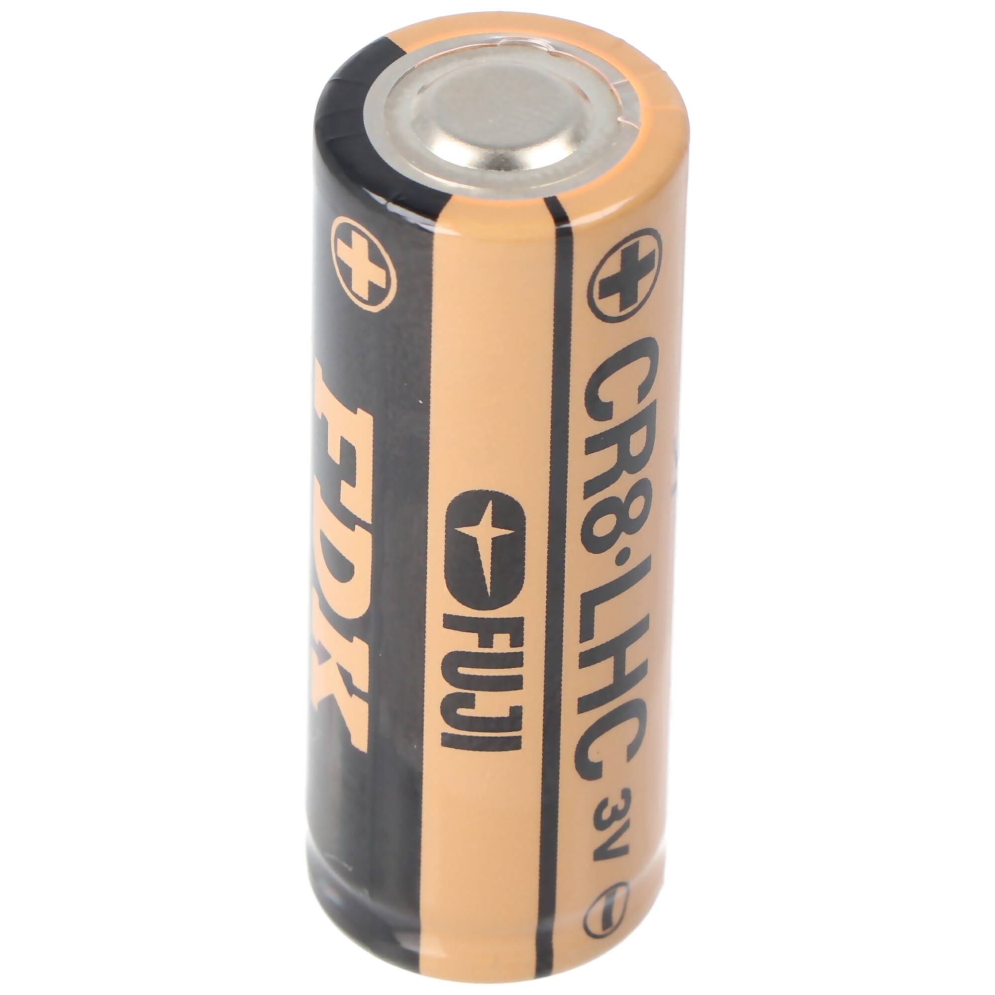 Nahaufnahme einer aufrecht stehenden Fujifilm CR8/LHC 3V-Lithium-Batterie mit sichtbarer schwarzer und goldener Beschriftung.