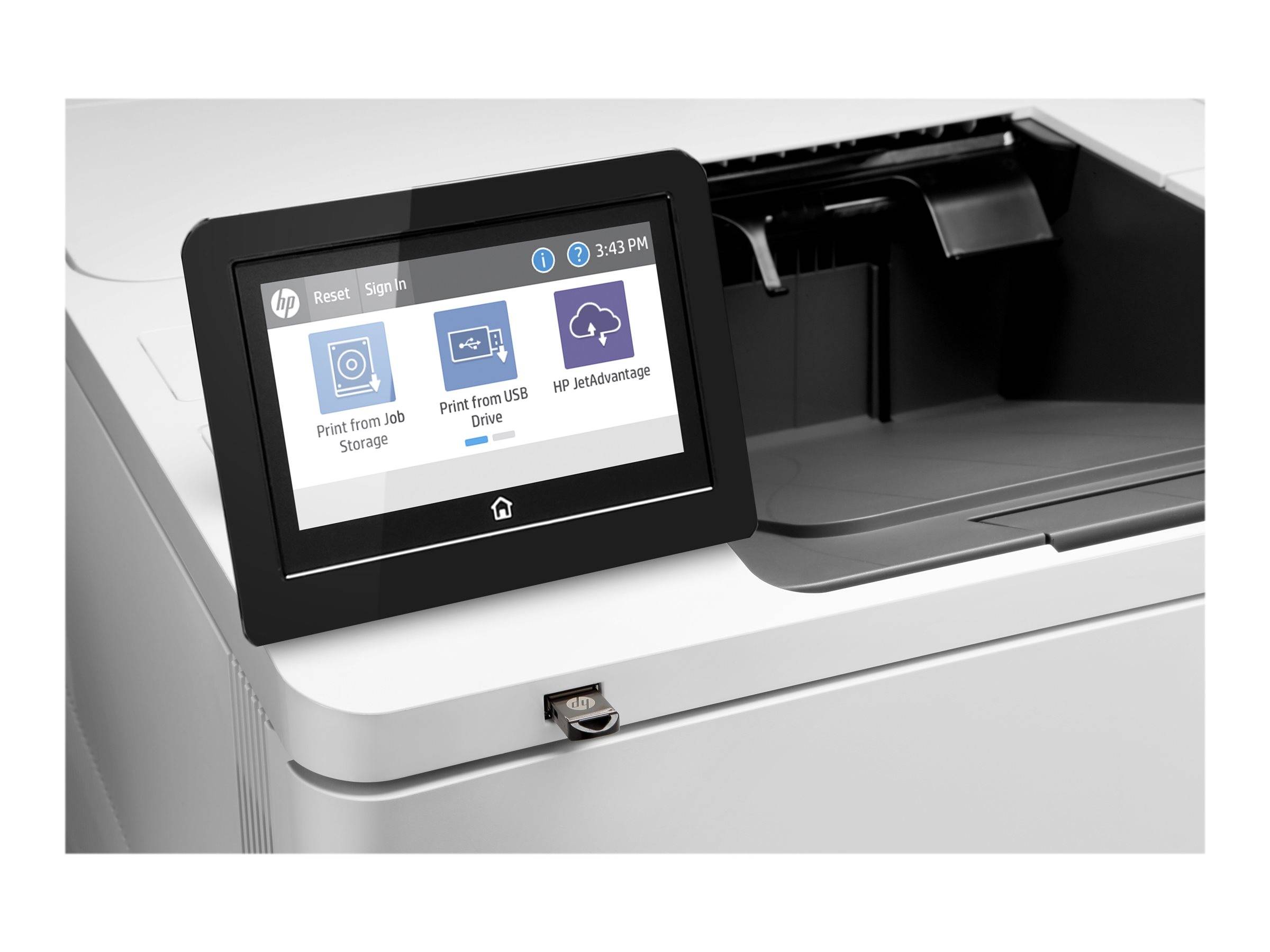 Nahaufnahme eines HP-Druckersteuerpanels mit einem Touchscreen-Menü mit Optionen zum Drucken von USB, Speicher oder HP ePrint.