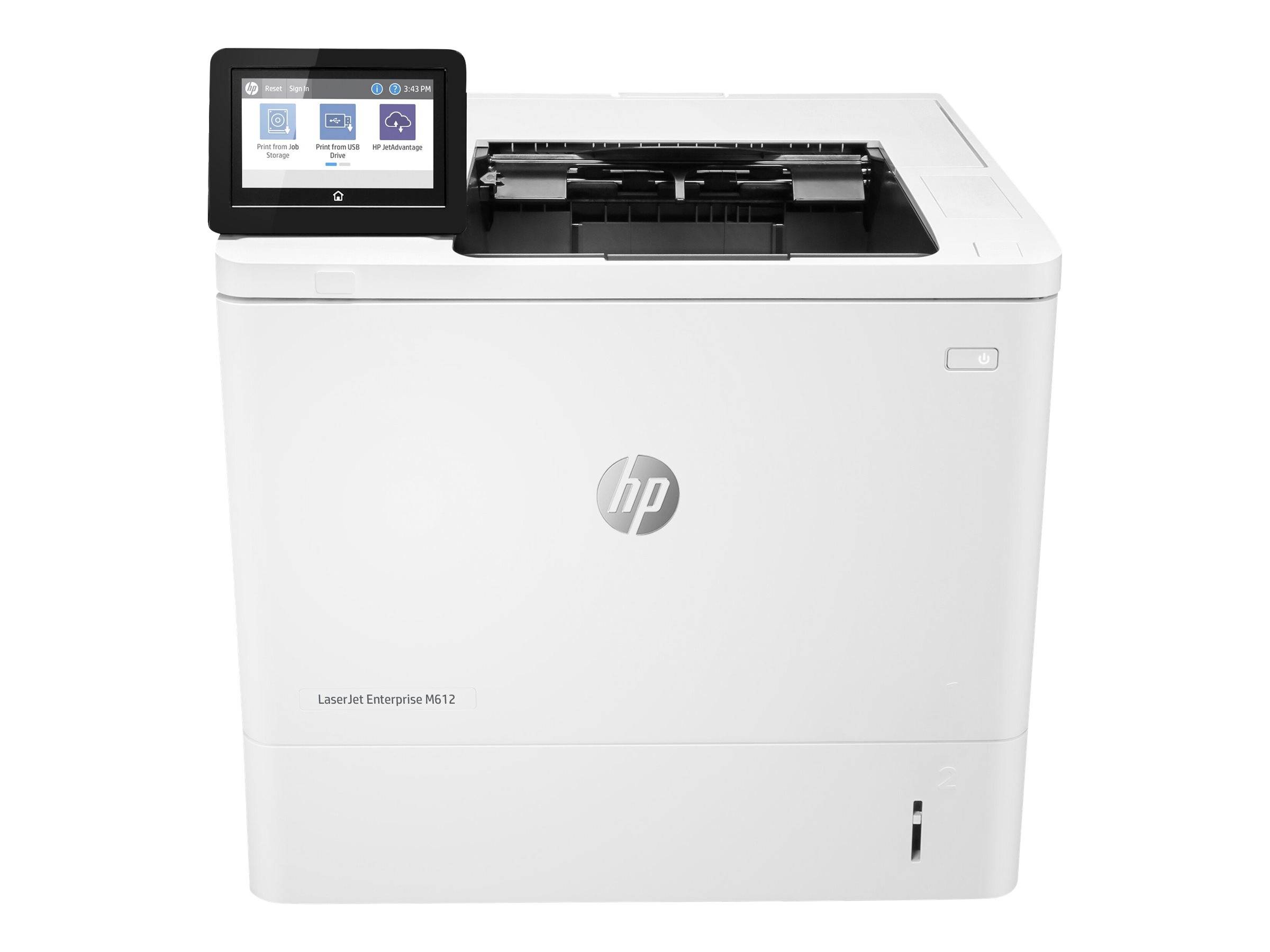 Frontansicht eines HP LaserJet Enterprise Druckers mit einem Touchscreen-Bedienfeld auf der linken Seite und Papierausgabefach oben.