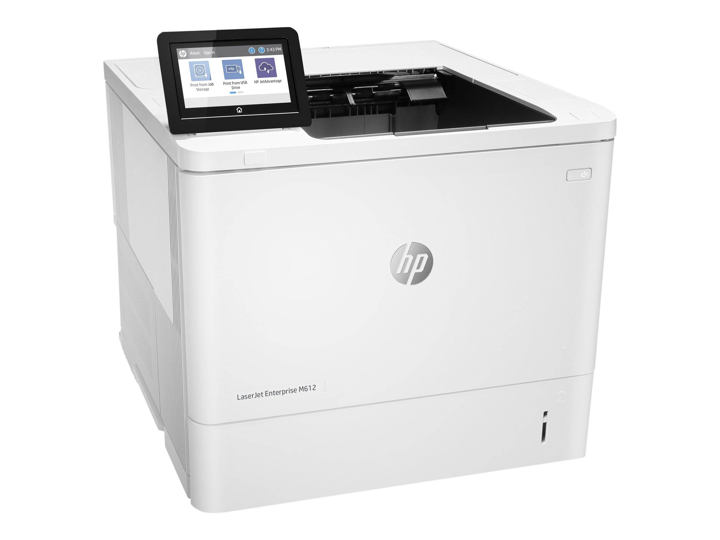 Weißer HP LaserJet Enterprise M612 Drucker mit Touchscreen-Bedienfeld oben, von vorne links auf einfarbigem Hintergrund dargestellt.