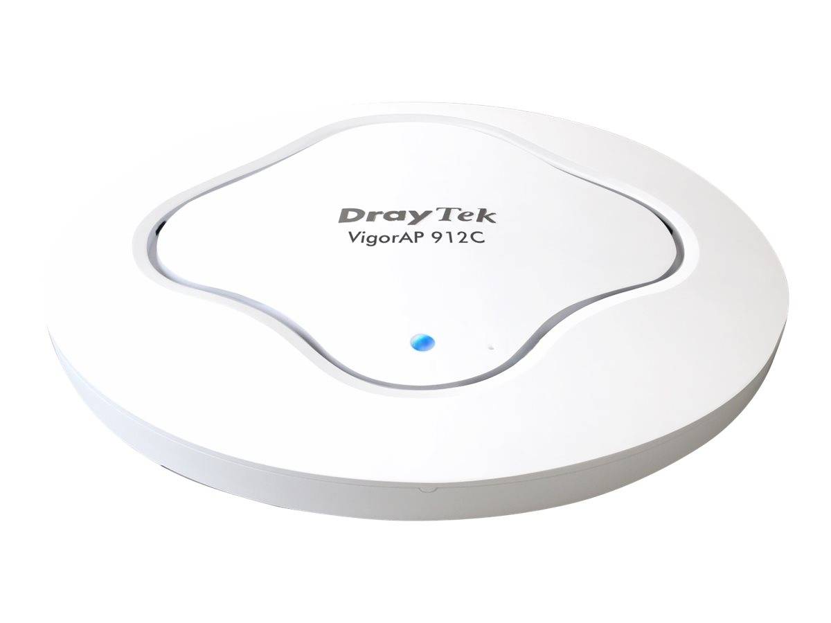 Weißer DrayTek VigorAP 912C Wireless-Zugangspunkt mit einem blauen Statuslicht in der Mitte des oberen Bedienfelds.