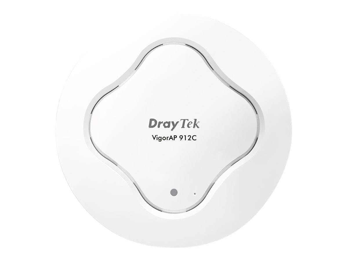 Draufsicht eines weißen DrayTek VigorAP 912C Wireless Access Points mit zentriertem Logo und Statusleuchte.