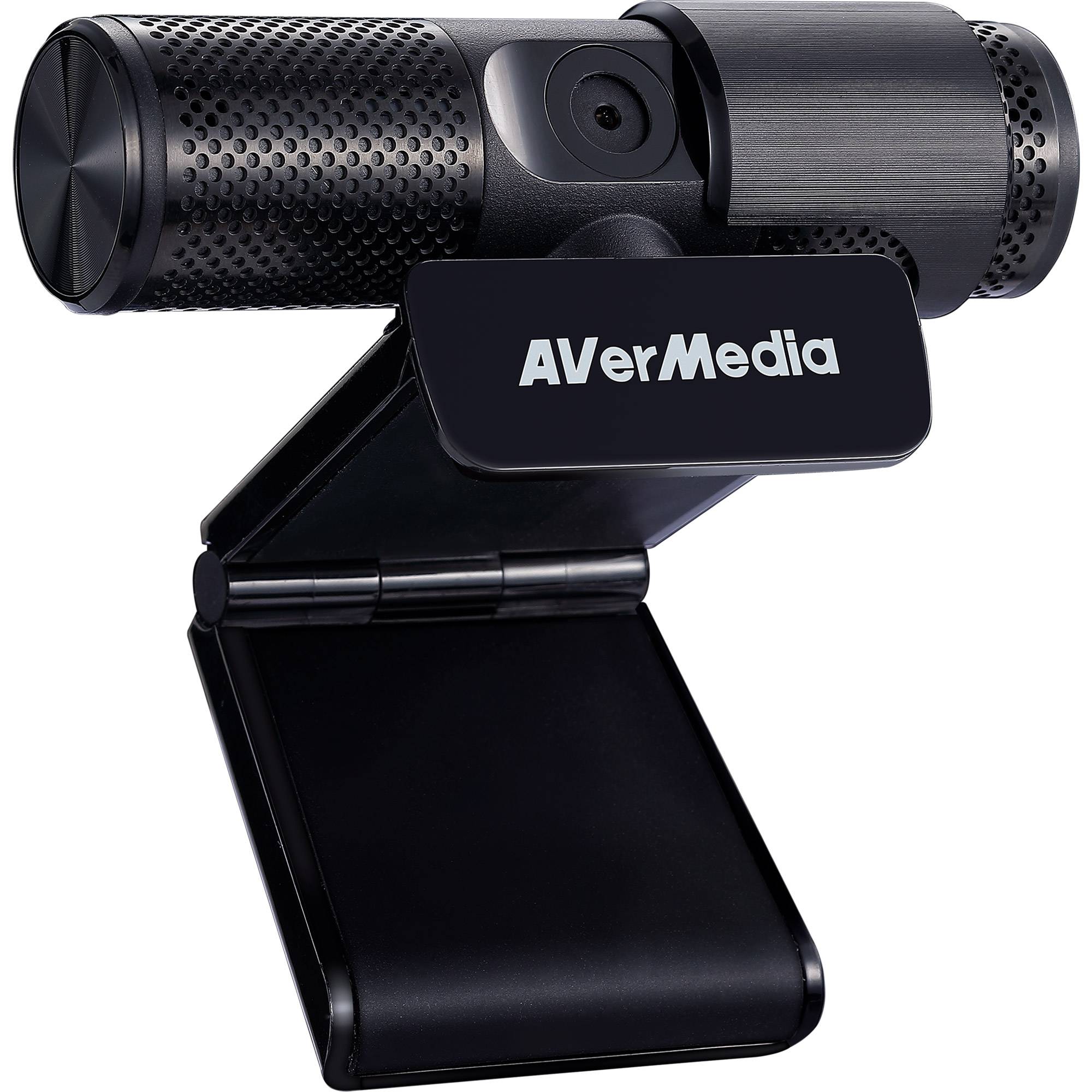 Eine schwarze AVerMedia-Webcam mit eingebautem Objektiv und perforierten Mikrophongehäuse auf einem gelenkigen Ständer.