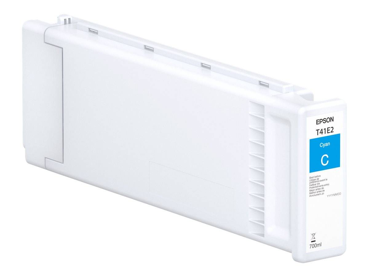 Weiße Epson-Druckerpatrone in Cyan, mit Bezeichnung T41E2, 700ml, auf weißem Hintergrund abgebildet.