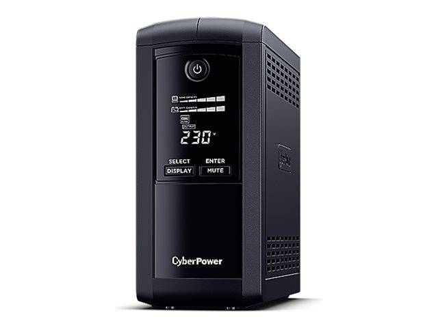 Schwarze CyberPower Unterbrechungsfreie Stromversorgung mit Frontdisplay, das 230V anzeigt, sowie Tasten für Auswahl, Eingabe, Display und Stummschaltung.