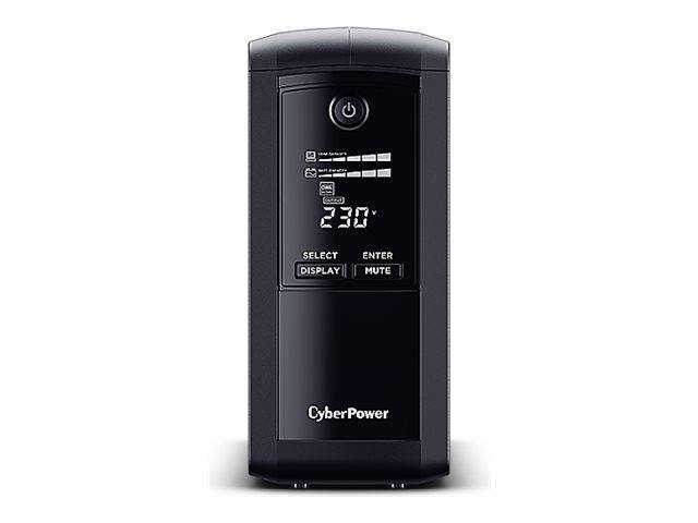 Schwarzer CyberPower-Notstromversorgungsturm mit vorderer Stromtaste und digitaler Statusanzeige mit 230V-Anzeige.