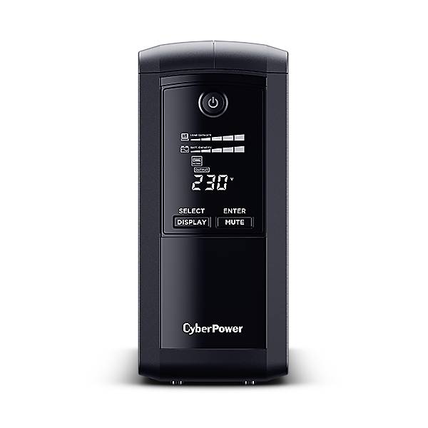 Vorderansicht einer CyberPower USV-Batteriebackup-Einheit mit einer Power-Taste, Display mit der Anzeige „230 V