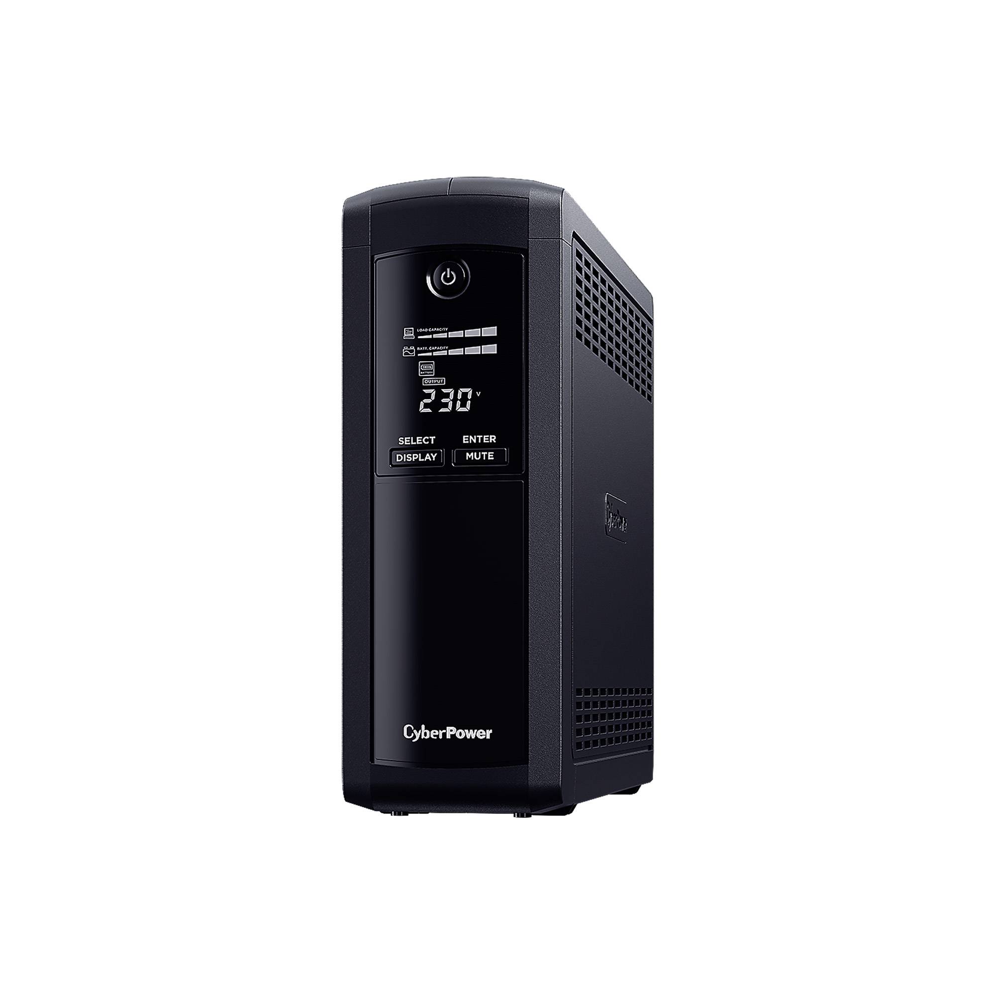 Schwarzer CyberPower Unterbrechungsfreie Stromversorgungstower mit frontaler Anzeige, die 230 Volt anzeigt, und Steuerungstasten auf weißem Hintergrund