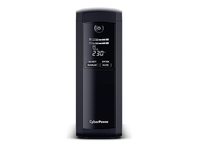 CyberPower Stromversorgungsanlage ohne Unterbrechung mit Frontdisplay zur Anzeige des Batteriezustands und 230 Volt, zentriert auf weißem Hintergrund.