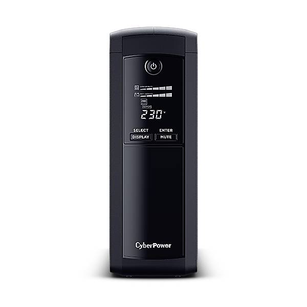CyberPower Unterbrechungsfreie Stromversorgung Turm mit Stromschalter und LCD-Display zeigt 230V an, plus Display- und Stummschalttasten.