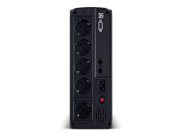 Rückansicht einer schwarzen unterbrechungsfreien Stromversorgung mit fünf Steckdosen, USB- und Serienanschlüssen, Ethernet-Buchsen und einem roten Netzschalter.