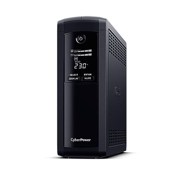 CyberPower USV-Turm mit Frontdisplay, das 230 Volt anzeigt, und Stromreglern auf schwarzem Hintergrund.