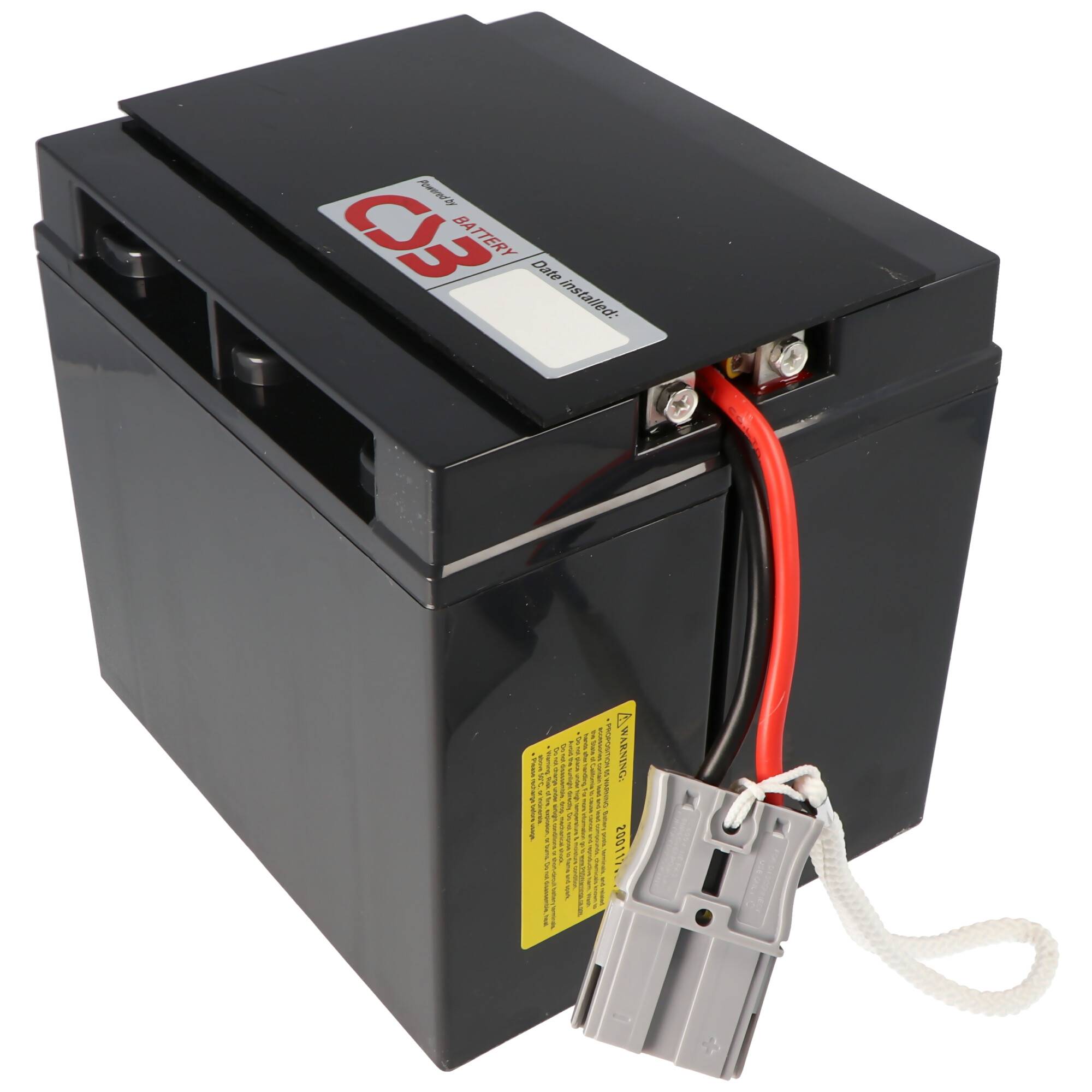 Schwarze wiederaufladbare Batterie mit roten und schwarzen Kabeln und einem grauen Stecker angeschlossen.