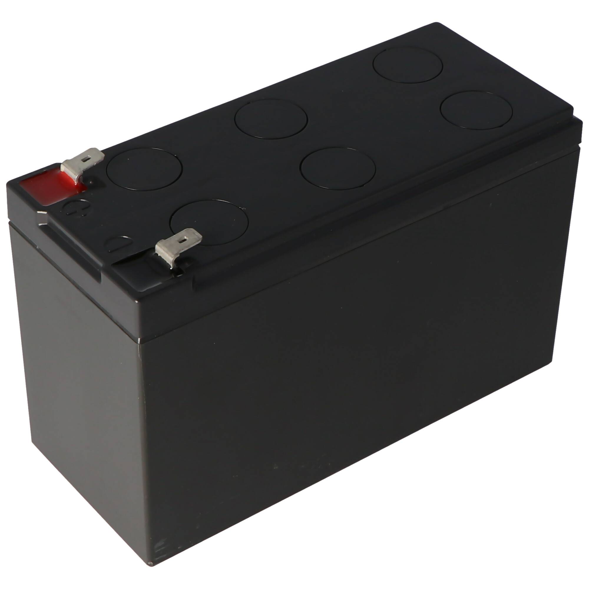 Schwarze rechteckige versiegelte Bleisäure-Batterie mit zwei Metallanschlüssen oben und roter Abdeckung für den positiven Pol.