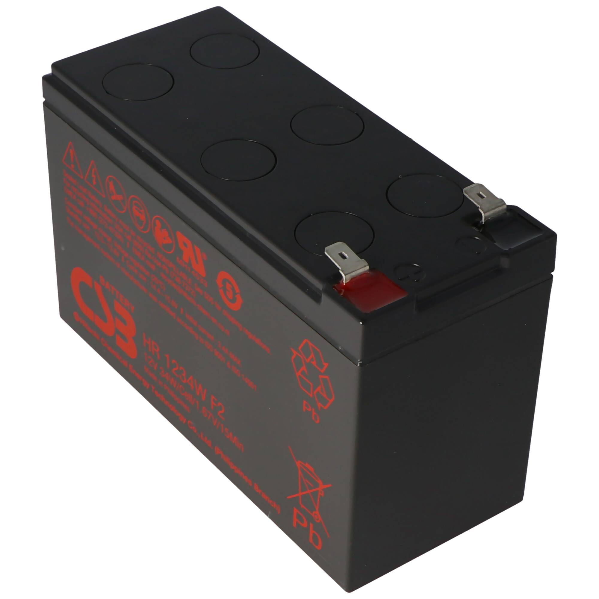 Schwarze rechteckige versiegelte Blei-Säure-Batterie mit roten Warnetiketten und Metallklemmen oben, gezeigt auf weißem Hintergrund.