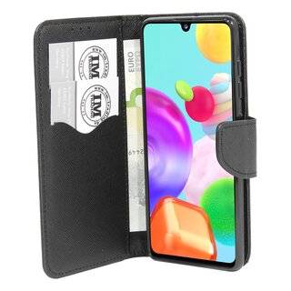 Buch Tasche "Fancy" kompatibel mit SAMSUNG GALAXY A41 (A415F) Handy Hülle Etui Brieftasche Schutzhülle mit Standfunktion, Kartenfach Schwarz