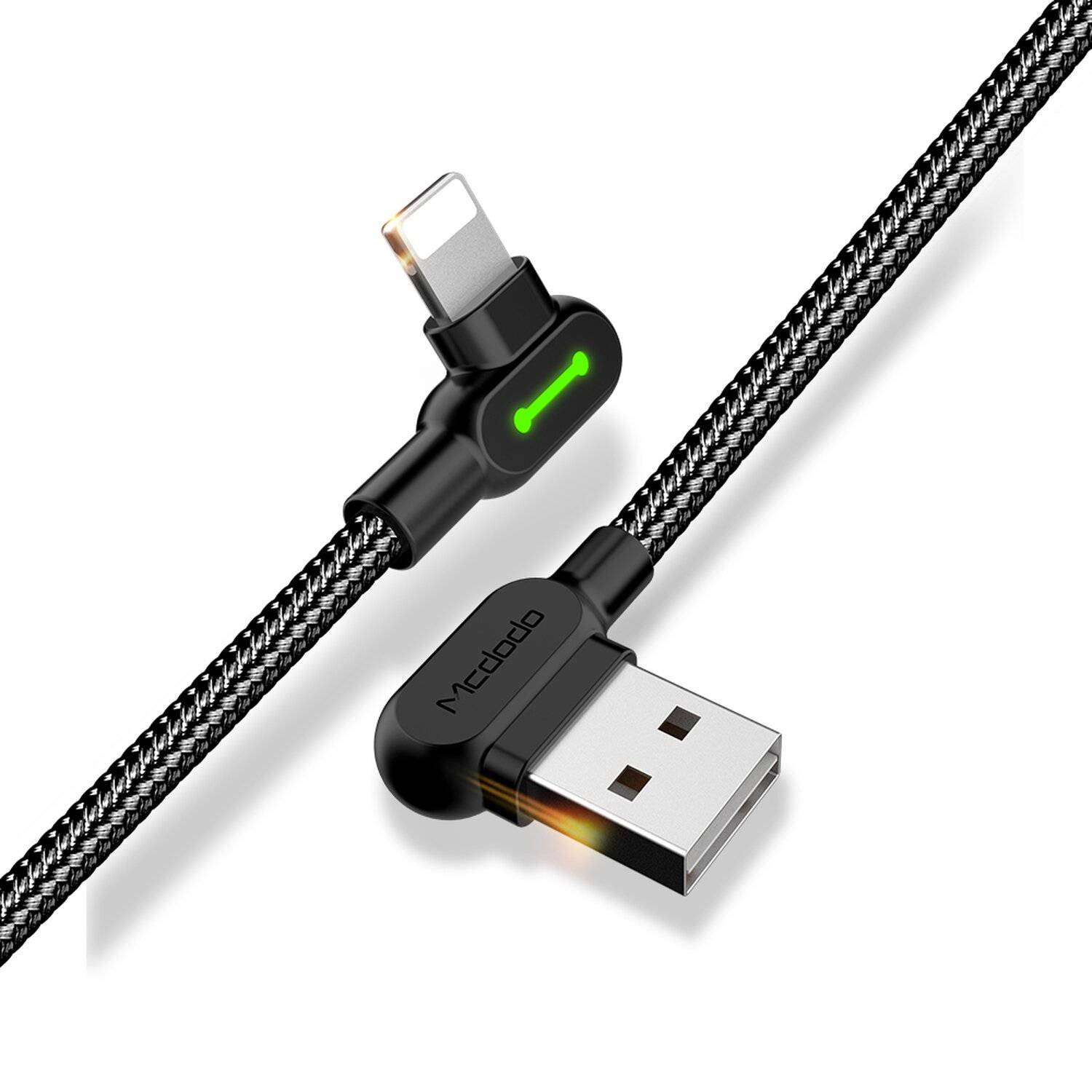 Mcdodo LED 90 Grad 3M Ladekabel Winkel USB Kabel abgewinkelt Nylon geflochten Schnellladegerät Daten Sync iOS in Schwarz
