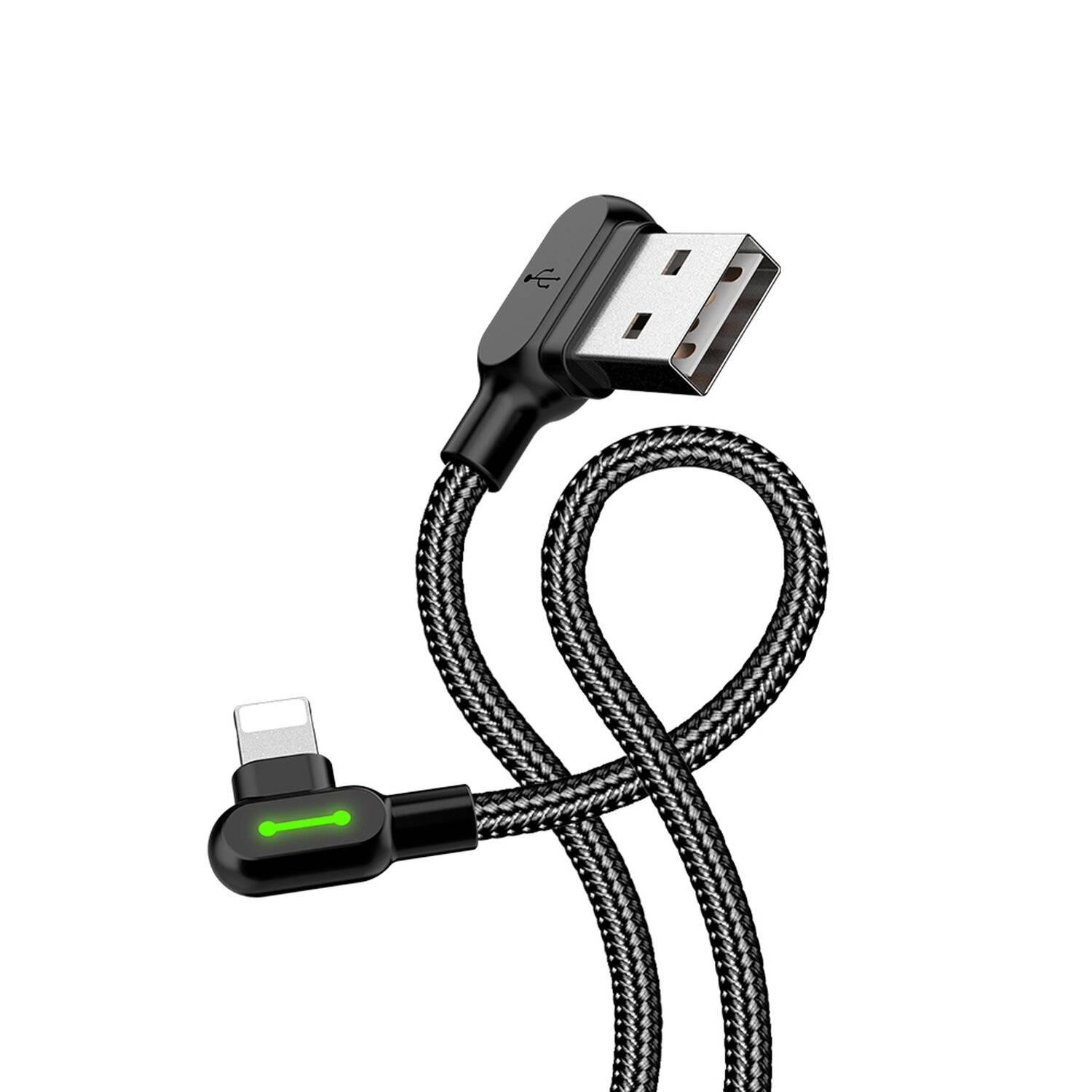 Mcdodo LED 90 Grad 3M Ladekabel Winkel USB Kabel abgewinkelt Nylon geflochten Schnellladegerät Daten Sync iOS in Schwarz