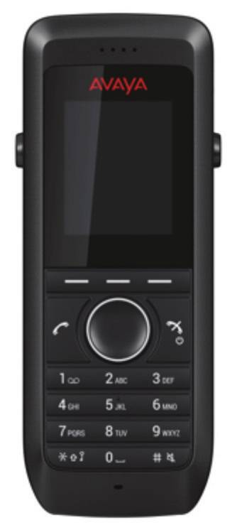 Schwarzes Avaya-Schreibtischtelefon mit kleinem Bildschirm, rundem Navigationswahlschalter, Anruf- und Beendigungstasten sowie Ziffernblock.