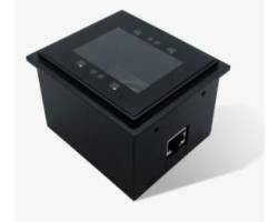 Schwarzes rechteckiges Wandeinbau-Touchscreen-Bedienfeld mit dunklem Display und kleinem Seitenport, dargestellt auf weißem Hintergrund.