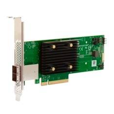 Grüne PCIe-Erweiterungskarte mit Metallhalterung und schwarzem Kühlkörper, wahrscheinlich ein Grafik- oder Netzwerkadapter.