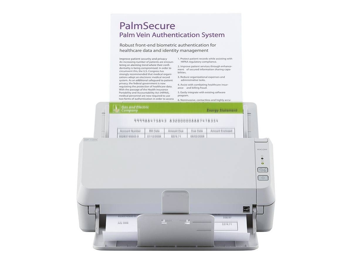 Ein PalmSecure-Palmenvenen-Authentifizierungssystem-Scanner mit eingefügter Broschüre, abgebildet auf weißem Hintergrund.