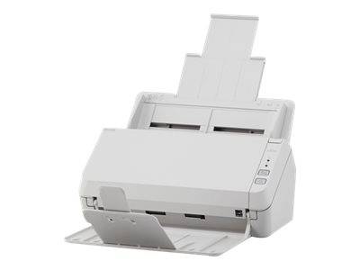 Weißer Desktop-Dokumentenscanner mit automatischem Einzug und vorderer Ausgabeschale auf einfachem Hintergrund.