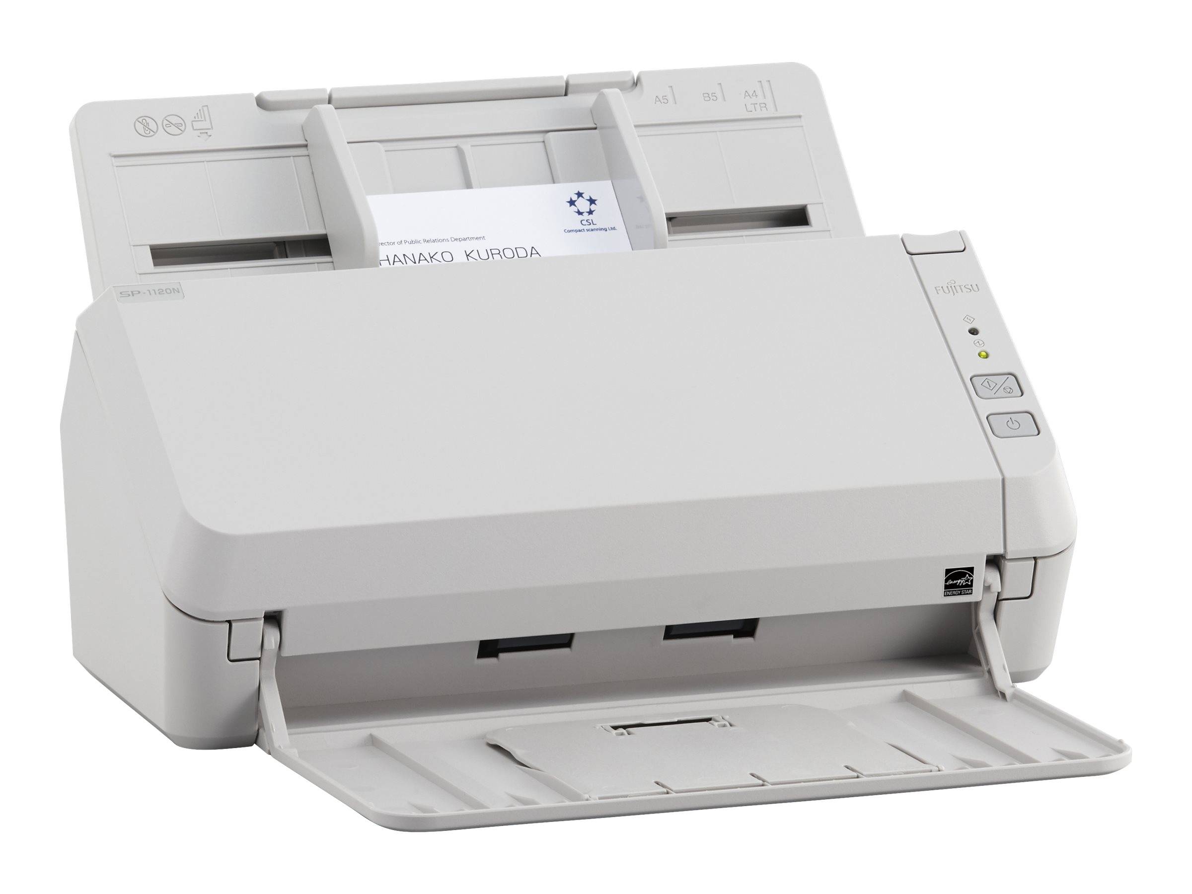Weißer Desktop-Dokumentenscanner mit Papierzuführung und Ausgabefach, geöffnet dargestellt mit eingelegtem Blatt und Steuertasten auf der rechten Seite.