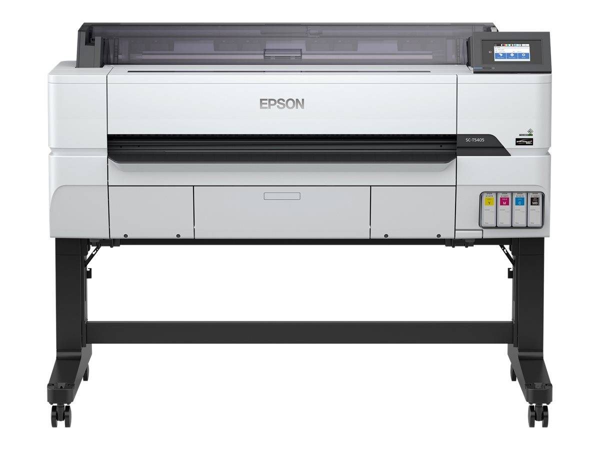 Frontansicht eines großen Epson-Großformatdruckers auf einem fahrbaren Ständer mit Rollen, der die Bedienungsblende und Tintentanks zeigt.
