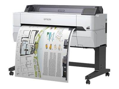 Großformatiger Epson-Drucker gibt ein großes technisches Poster auf einem Papierständer mit Rollen aus.