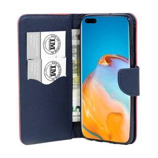 Buch Tasche "Fancy" kompatibel mit HUAWEI P40 PRO Handy Hülle Etui Brieftasche Schutzhülle mit Standfunktion, Kartenfach Rot-Blau