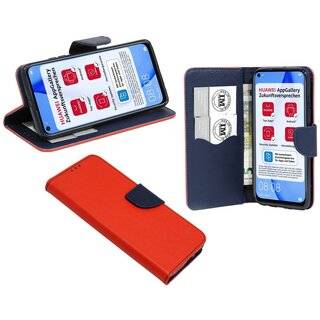Buch Tasche "Fancy" kompatibel mit HUAWEI P40 LITE Handy Hülle Etui Brieftasche Schutzhülle mit Standfunktion, Kartenfach Rot-Blau