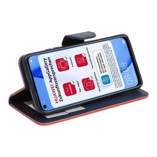 Buch Tasche "Fancy" kompatibel mit HUAWEI P40 LITE Handy Hülle Etui Brieftasche Schutzhülle mit Standfunktion, Kartenfach Rot-Blau