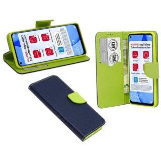 Buch Tasche "Fancy" kompatibel mit HUAWEI P40 LITE Handy Hülle Etui Brieftasche Schutzhülle mit Standfunktion, Kartenfach Blau-Grün