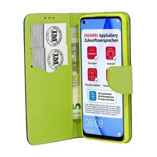 Buch Tasche "Fancy" kompatibel mit HUAWEI P40 LITE Handy Hülle Etui Brieftasche Schutzhülle mit Standfunktion, Kartenfach Blau-Grün