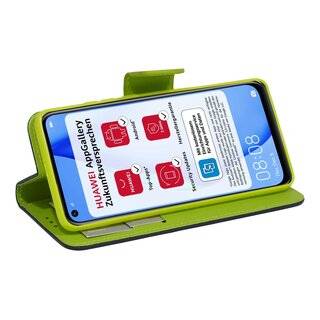 Buch Tasche "Fancy" kompatibel mit HUAWEI P40 LITE Handy Hülle Etui Brieftasche Schutzhülle mit Standfunktion, Kartenfach Blau-Grün