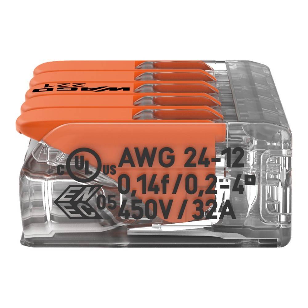 Transparenter Kunststoff-Verbinder mit orangefarbenen Hebeln, beschriftet mit „AWG 24-12