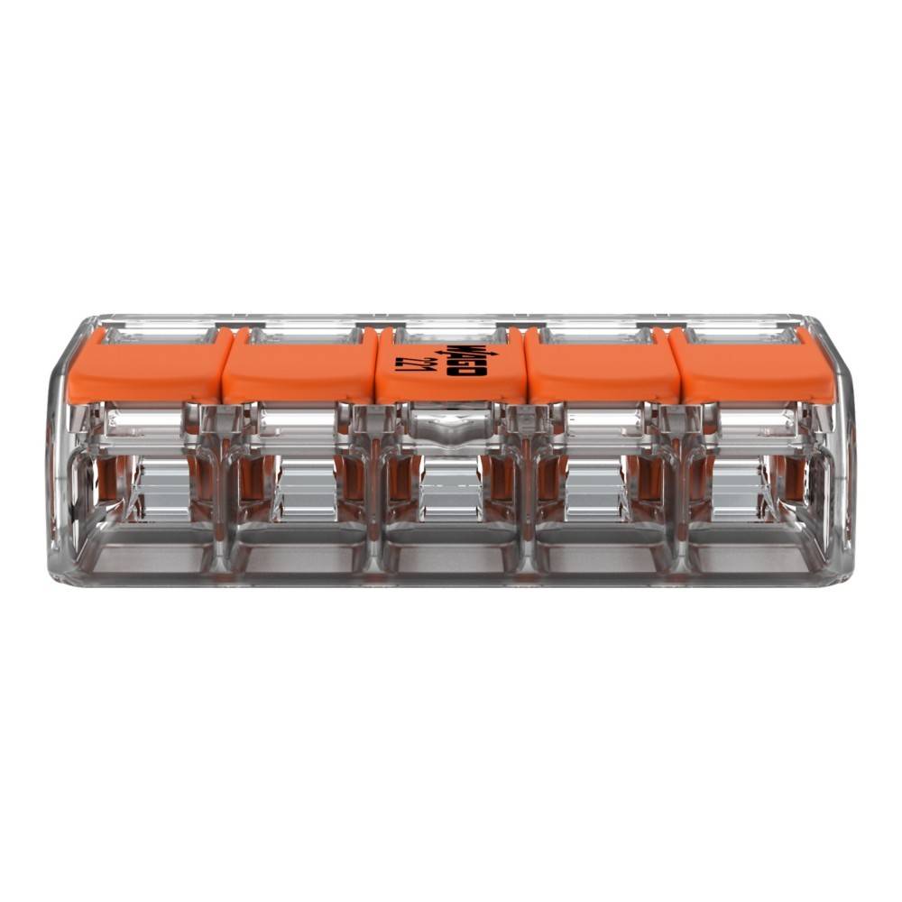 Ein transparenter rechteckiger Anschluss mit fünf Steckplätzen und orangefarbenen Hebeln zum Sichern von Drähten.