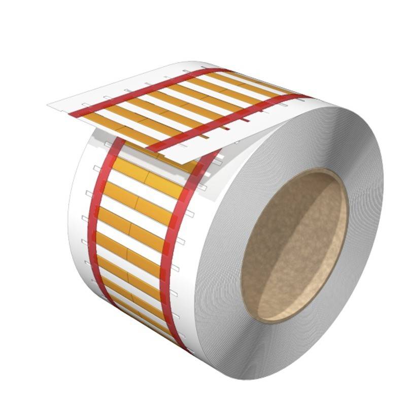 Eine Rolle Klebeband mit einem gelb-weiß gestreiften Muster und roten Linien, die zum Versiegeln oder Befestigen verwendet wird.