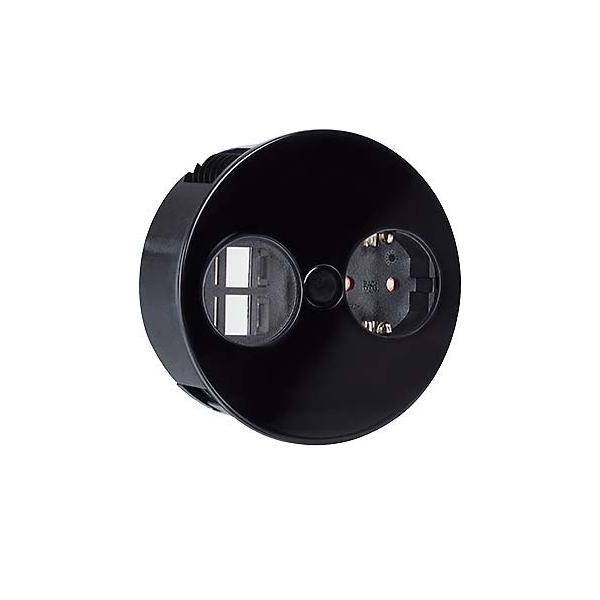 Eine runde, schwarze Steckdose mit zwei Anschlüssen, einschließlich einer mit Schutzabdeckung, die für einen sicheren Stromzugang konzipiert ist.