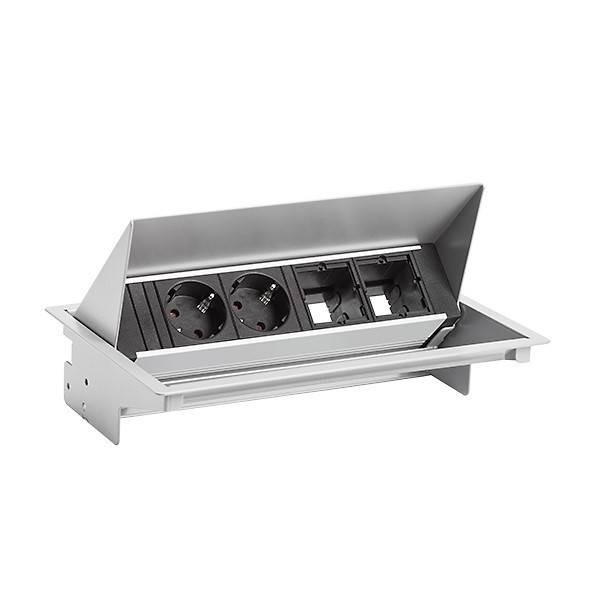 Offene silberne Elektro-Unterverteilung mit zwei Steckdosen und leeren Flächen für zusätzliche Module, geeignet zum Einbau in Oberflächen.