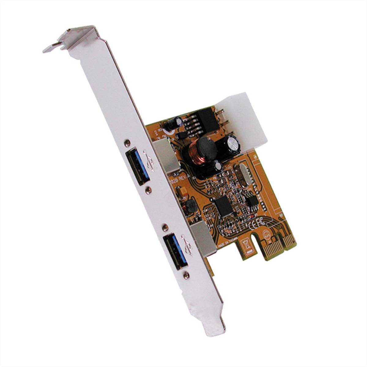 Computererweiterungskarte mit Metallhalterung und zwei USB-Anschlüssen auf weißem Hintergrund.