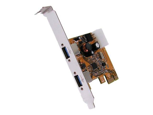 PCI-Erweiterungskarte mit zwei USB-Anschlüssen und elektronischen Komponenten auf weißem Hintergrund.