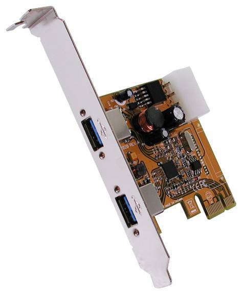 PCIe-Erweiterungskarte mit zwei USB-3.0-Anschlüssen und sichtbaren Schaltkreiskomponenten.