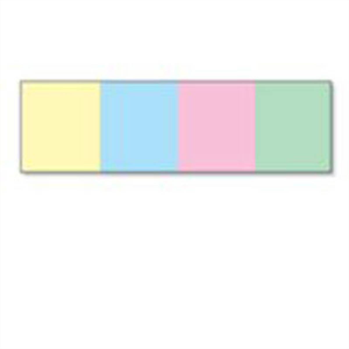 Horizontales Rechteck unterteilt in vier gleiche Blöcke in Pastellfarben: Gelb, Blau, Rosa und Grün.