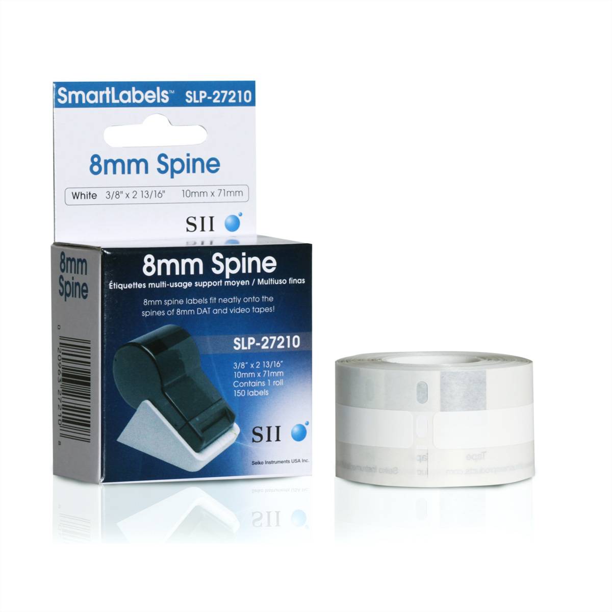 SmartLabels SLP-27210 8mm Rückenschild-Etikettenschachteln mit einer Rolle weißer Etiketten daneben.