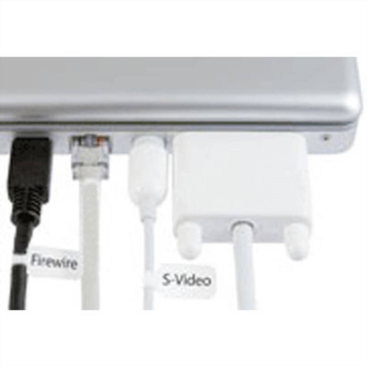 Nahaufnahme der Anschlussanschlüsse eines Geräts mit eingesteckten Kabeln, einschließlich FireWire und S-Video, die zeigen, wie die Hardware verbunden ist.